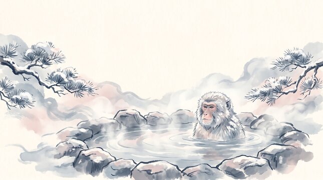 Japanese snow monkey in hot spring peaceful winter illustration