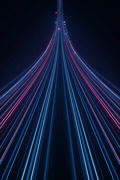 Abstract digital light trails. Futuristic neon lines converging into a glowing pyramid.