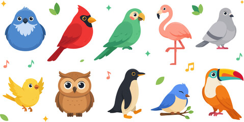 Naklejka premium Set of cute cartoon birds isolated on white background