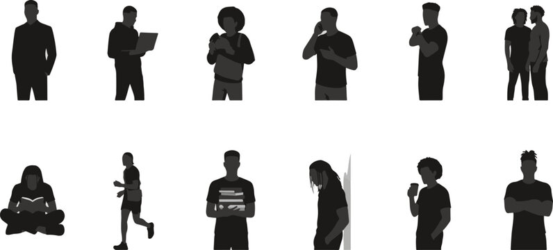 Set of silhouettes of young black men in various poses and activities isolated on white background