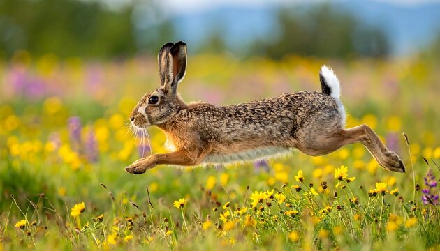A brown hare with distinctive long ears and white tail runs through a vibrant field of yellow and purple wildflowers on a sunny day