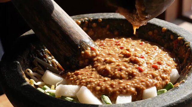 Spicy Peanut Sauce Poured over Fresh Vegetables in Stone Mortar 4K Video