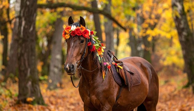 A brown horse adorned with a vibrant floral crown stands in an autumnal forest