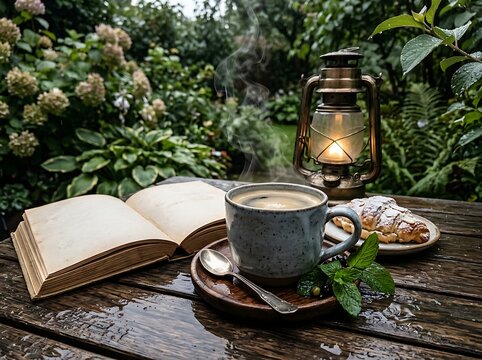 A cup of hot coffee with an open book and a glowing lantern on a rustic wooden table in the garden. outdoor coffee setup