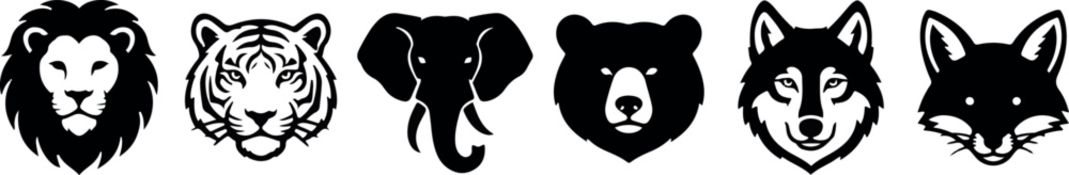 A collection of black and white animal head icons featuring a lion tiger elephant bear wolf and a cute fox