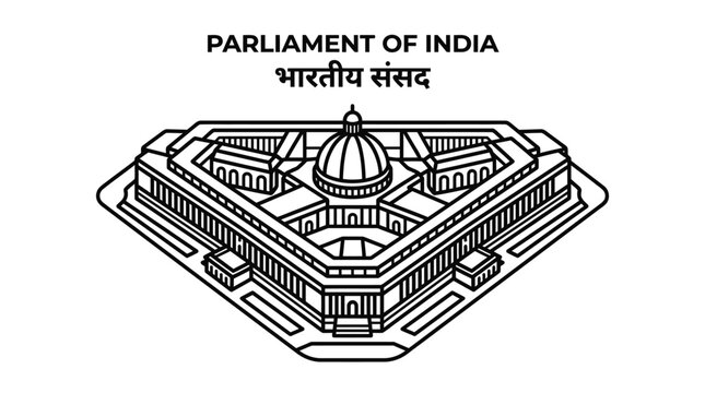 Parliament of India building vector illustration, New Delhi Sansad Bhavan line art icon, Indian government legislative assembly landmark graphic
