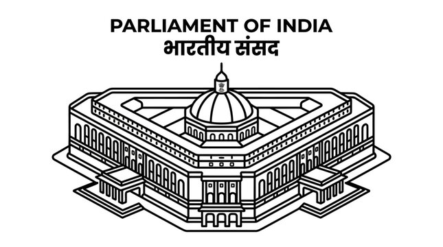 Parliament of India New Building Vector Illustration, Sansad Bhavan Line Art Icon, Indian Government Landmark Architecture Graphic in Minimalist Style
