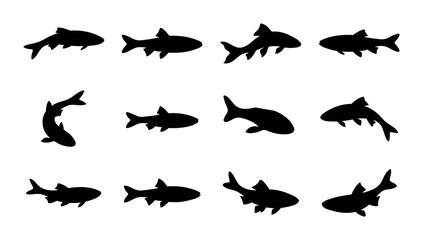Obraz premium Vector Fish Silhouettes Collection, Aquatic Animal Icons, Marine Life Shapes, Seafood Design Elements, 12 Black Icons