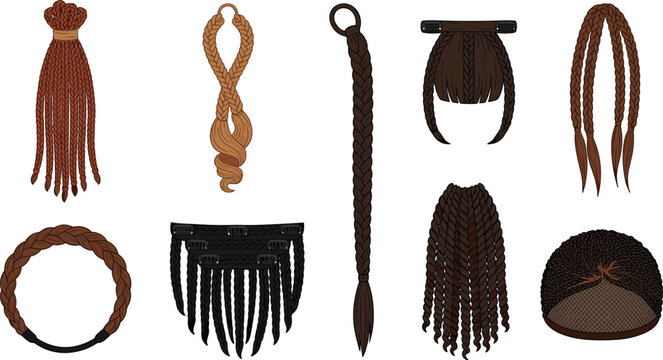 Braided Hair Extension and Protective Hairstyle Accessory Collection Isolated on White Background