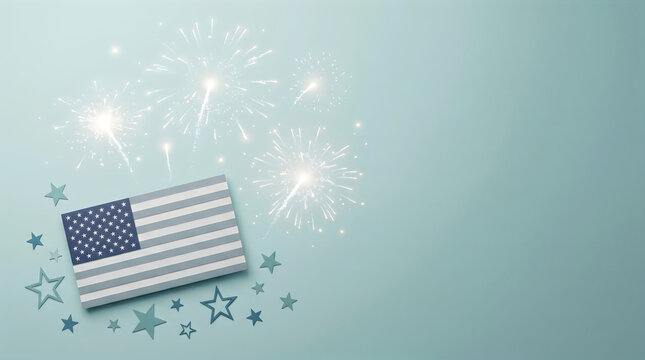Labor day usa patriotic american flag with fireworks and stars on pastel blue background