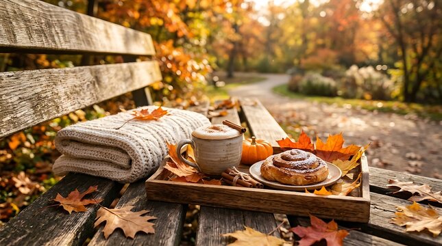 A warm cinnamon roll and coffee cup on a wooden tray with a cozy blanket on a bench in autumn park. outdoor coffee setup