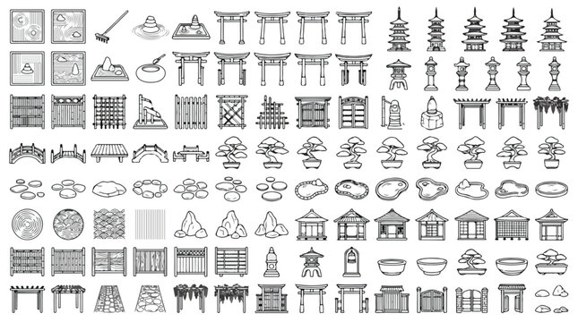 Japanese Zen garden icons set, traditional oriental landscape elements vector, minimalist pagoda and bonsai tree line art collection for landscaping isolated PNG with Transparent Background