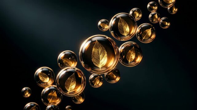 Golden leaves inside glass oil bubbles floating on dark background for luxury and wellness content