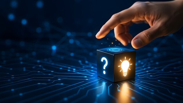 Creative Problem Solving And Innovation Concept With Hand Touching Question And Idea Cube
