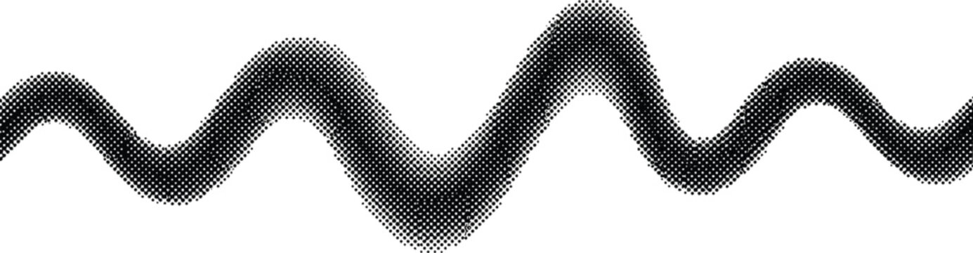 Abstract halftone wave, dotted background. Dynamic monochrome wavy line with dynamic dotted gradient texture. Retro pop art optical illusion on white background. Minimal halftone pattern. Vector