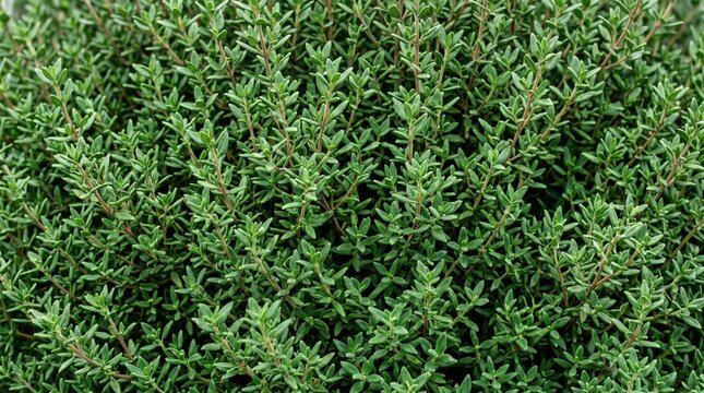 Close-up view of a dense, green thyme plant with small, oval-shaped leaves and thin, woody stems, forming a textured botanical background, of aromatic garden herbs