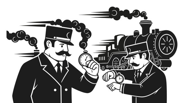 Vintage Train Conductors Checking Pocket Watch with Steam Locomotive