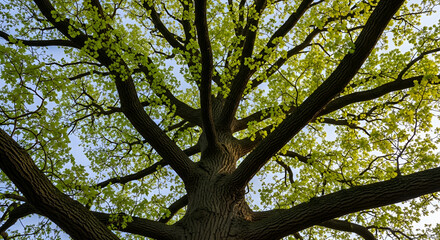 Fototapeta premium Looking Up Through A Canopy Of Fresh Green Leaves.