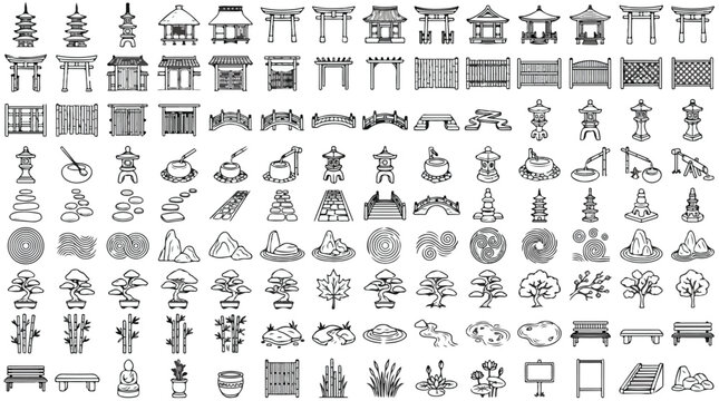 Japanese garden icons set, traditional zen landscape elements vector, oriental architecture and nature symbols for map design and landscaping isolated PNG with Transparent Background