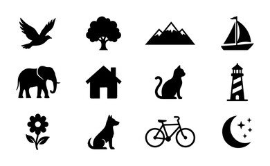 Obraz premium Set of 12 Black Silhouette Icons: Nature, Animals, Objects, and Symbols for Design Projects