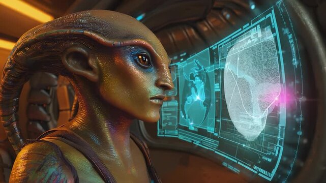 Alien Female Examining Holographic Brain Scan &ndash; Sci-Fi Portrait of an Advanced Being with Horns and Focused Expression.