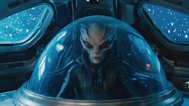 Alien Pilot in Spaceship Cockpit &ndash; Sci-Fi Portrait of a Female Extraterrestrial Commander Navigating Deep Space