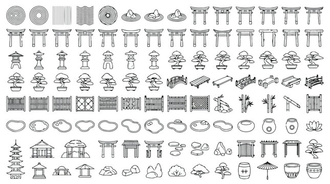 Japanese garden landscape icons set, traditional zen garden elements vector collection, oriental architecture and bonsai tree line art illustrations isolated PNG with Transparent Background