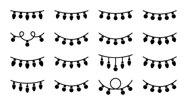 Festive String Lights Vector Icons, Decorative Christmas Garland Elements, Holiday Celebration Illumination Graphics, Black and White Party Bulb Set
