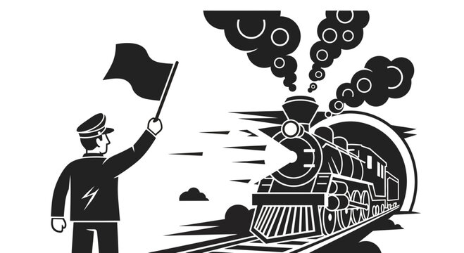 Vintage Steam Train and Railway Worker waving Signal Flag
