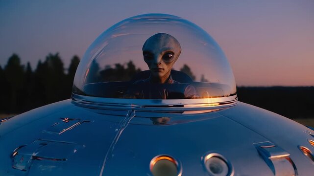 Alien Pilot in UFO Spaceship Flying Over Forest at Dusk &ndash; Science Fiction Illustration