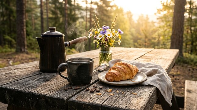 Fresh coffee and a croissant on a rustic wooden table in a sunny garden during a peaceful morning. outdoor coffee setup