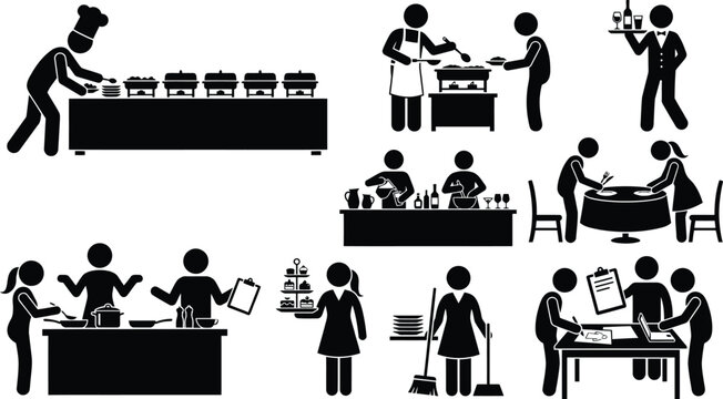 Premium black and white silhouette collection set of professional hotel restaurant staff working in various hospitality service roles