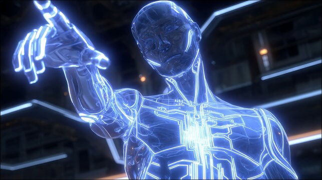 Blue glowing human silhouette with electric light effects on dark background figure
