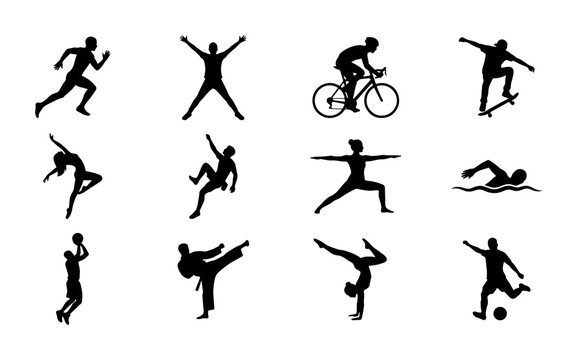 Dynamic Sports Icons Set: Action Silhouettes for Fitness, Athletics, and Recreation Vector Graphics