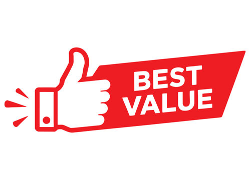 best value label with thumb up icon, simple ranking badge for quality products, trusted choice symbol, modern flat design, clean marketing sticker, isolated on transparent background.