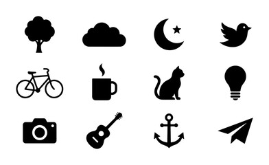 Obraz premium Set of 12 Simple Black Vector Icons: Tree, Cloud, Moon, Bird, Bicycle, Coffee Cup, Cat, Lightbulb, Camera, Guitar, Anchor, Paper Plane. Clean Graphic Elements for Web and App Design.