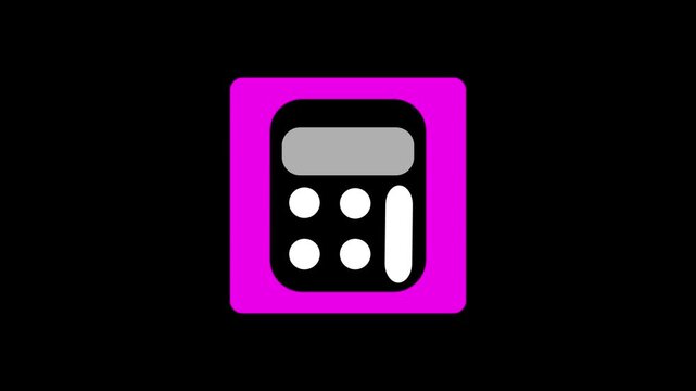 Simple flat calculator icon with a black device shape inside a bright pink square border for business and finance web design and digital interface apps