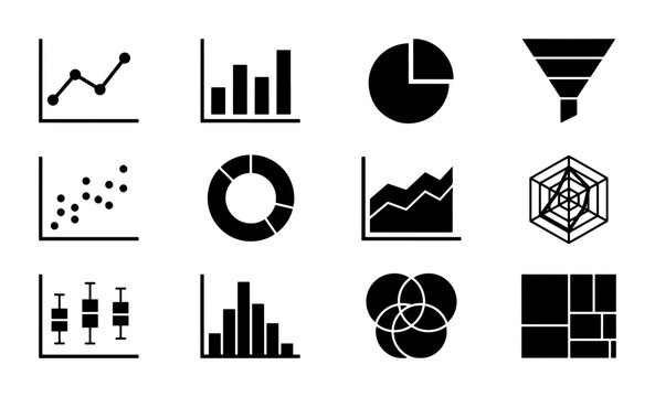 Data Visualization Icons Set, Business Analytics Charts and Graphs, Statistical Diagrams, Marketing Research Tools, Vector Elements for Reports and Presentations