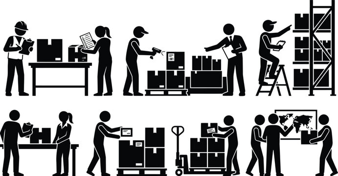Premium black and white silhouette collection set of warehouse workers and logistics staff handling cargo and shipping boxes