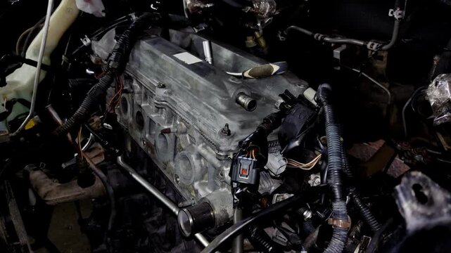 Top view of an open car engine bay with the intake manifold removed.