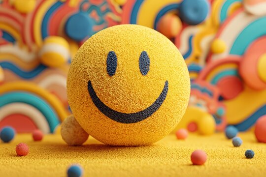 Textured Yellow Smiley Sphere With Glitter On A Colorful Abstract Rainbow Pattern Background