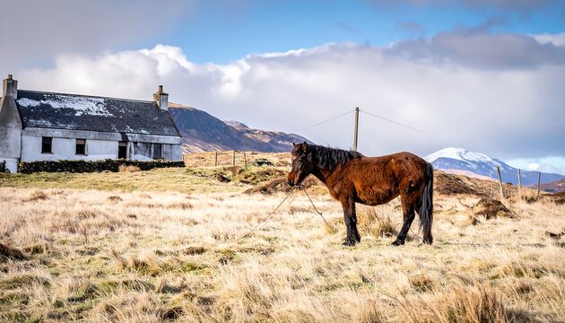 A brown horse stands in a field of dry grass with a white house and mountains in the background