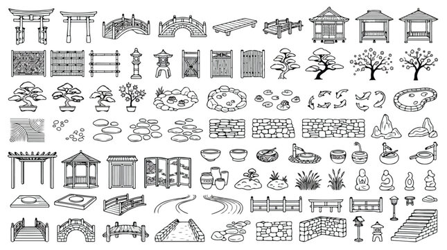 Japanese garden design elements, hand drawn zen garden icons set, oriental landscape architecture vector collection, traditional asian garden ornaments isolated PNG with Transparent Background