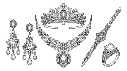 Vintage jewelry set vector illustration, ornate diamond tiara and necklace line art, elegant bridal earrings and ring collection for wedding design © usman