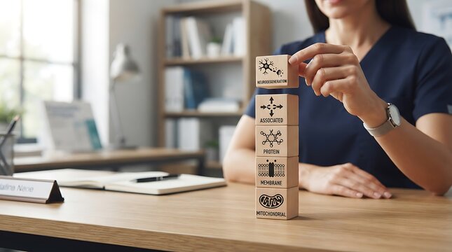 Woman in office placing wooden block with neurogeneration on top of stack of blocks with associated protein membrane and mitochondrial  science concept