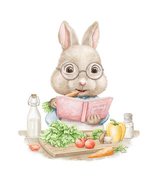 Easter cartoon cute Chef cook bunny rabbit boy in clothes reads cookbook among vegetable ingredients and eats carrot isolated on white background.  Watercolor and pencil hand drawn illustration sketch