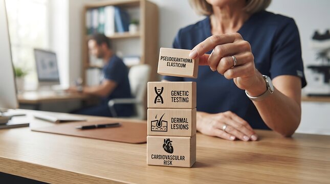 Woman stacking wooden blocks with genetic testing and medical terms in office setting