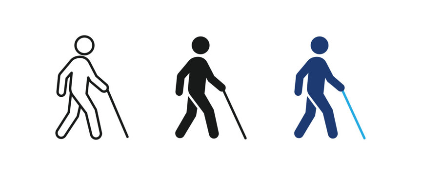 Blind assistance icon, visually impaired stick person, cane stick support. vector illustration