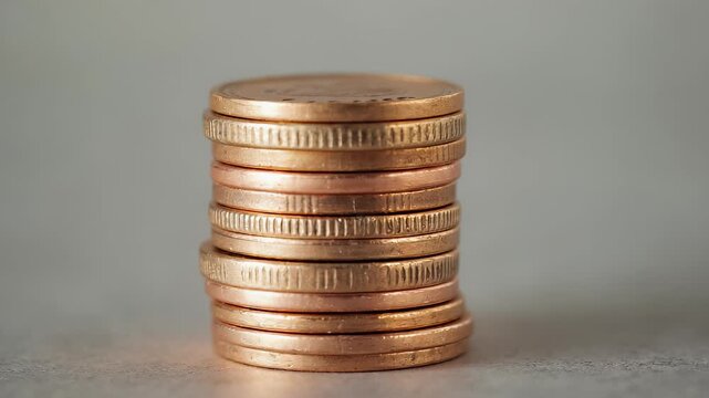 Stacked Copper Pennies - A Small Pile of Coins on a Gray Surface, Minimalist Financial Concept Image