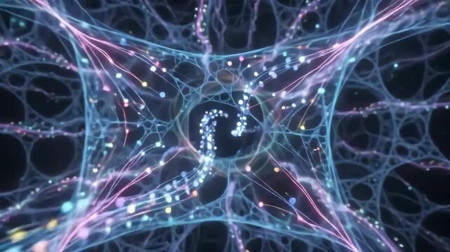 Neural Network Visualization: A complex digital abstract representation of a neural network with glowing light particles flowing through intricate interconnected nodes.